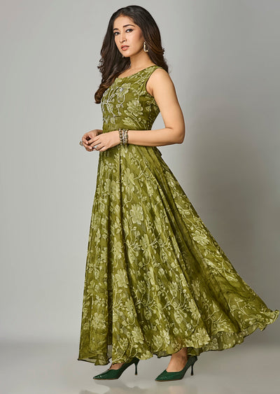 Mehendi Green Chiffon Long Dress