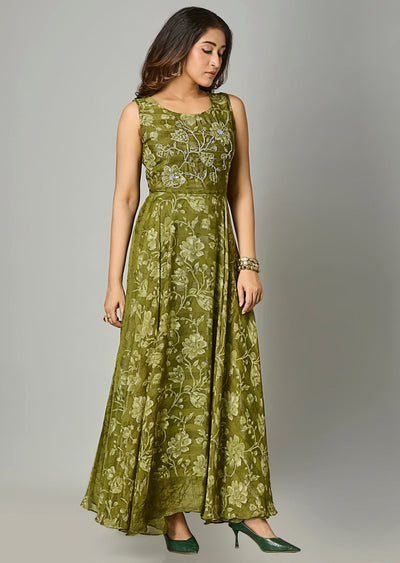 Mehendi Green Chiffon Long Dress