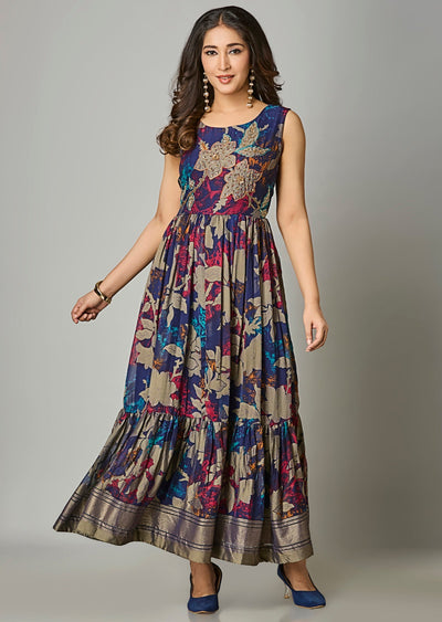 Navy Blue Chiffon Long Dress