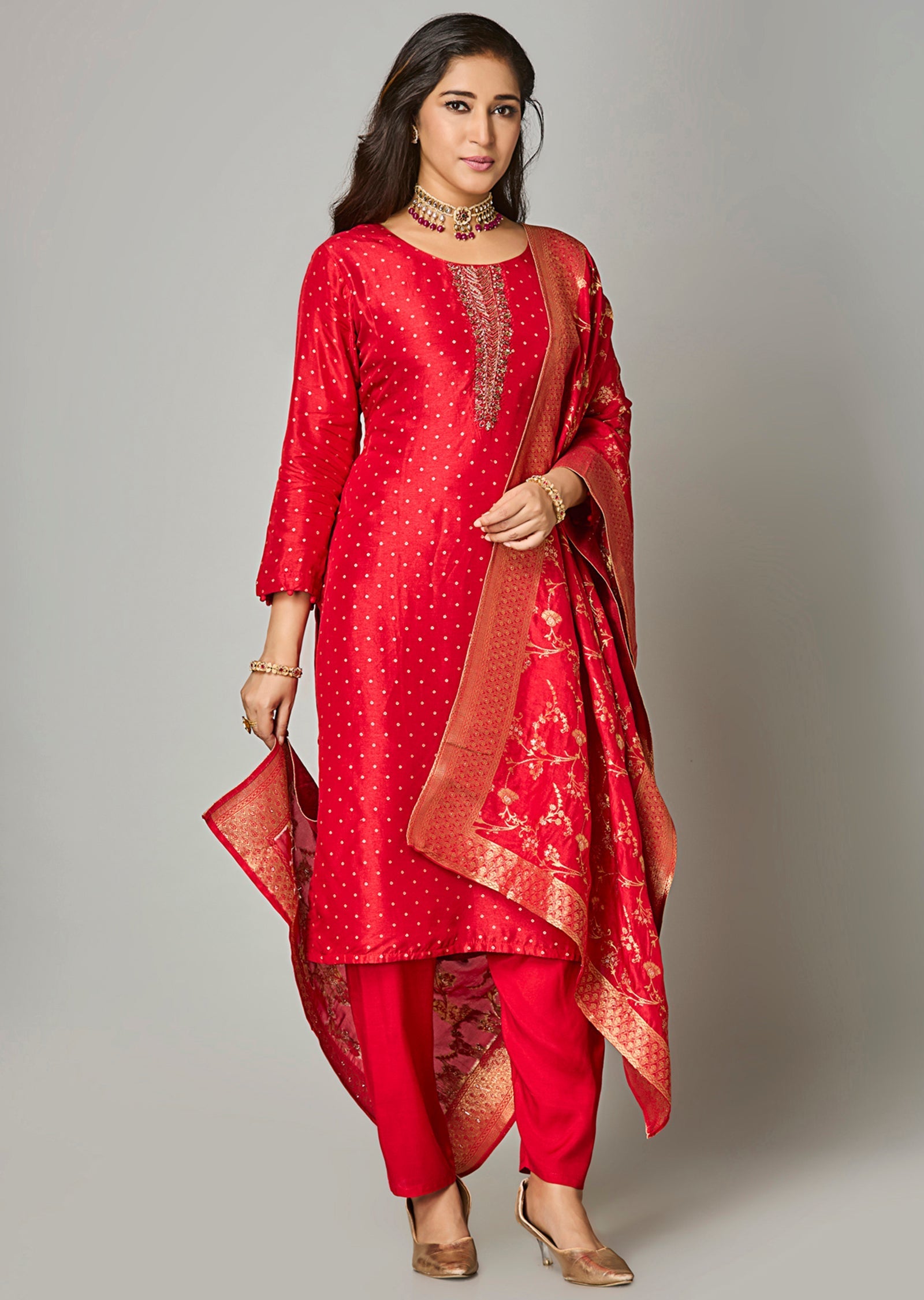 Red Silk Straight Cut Suit