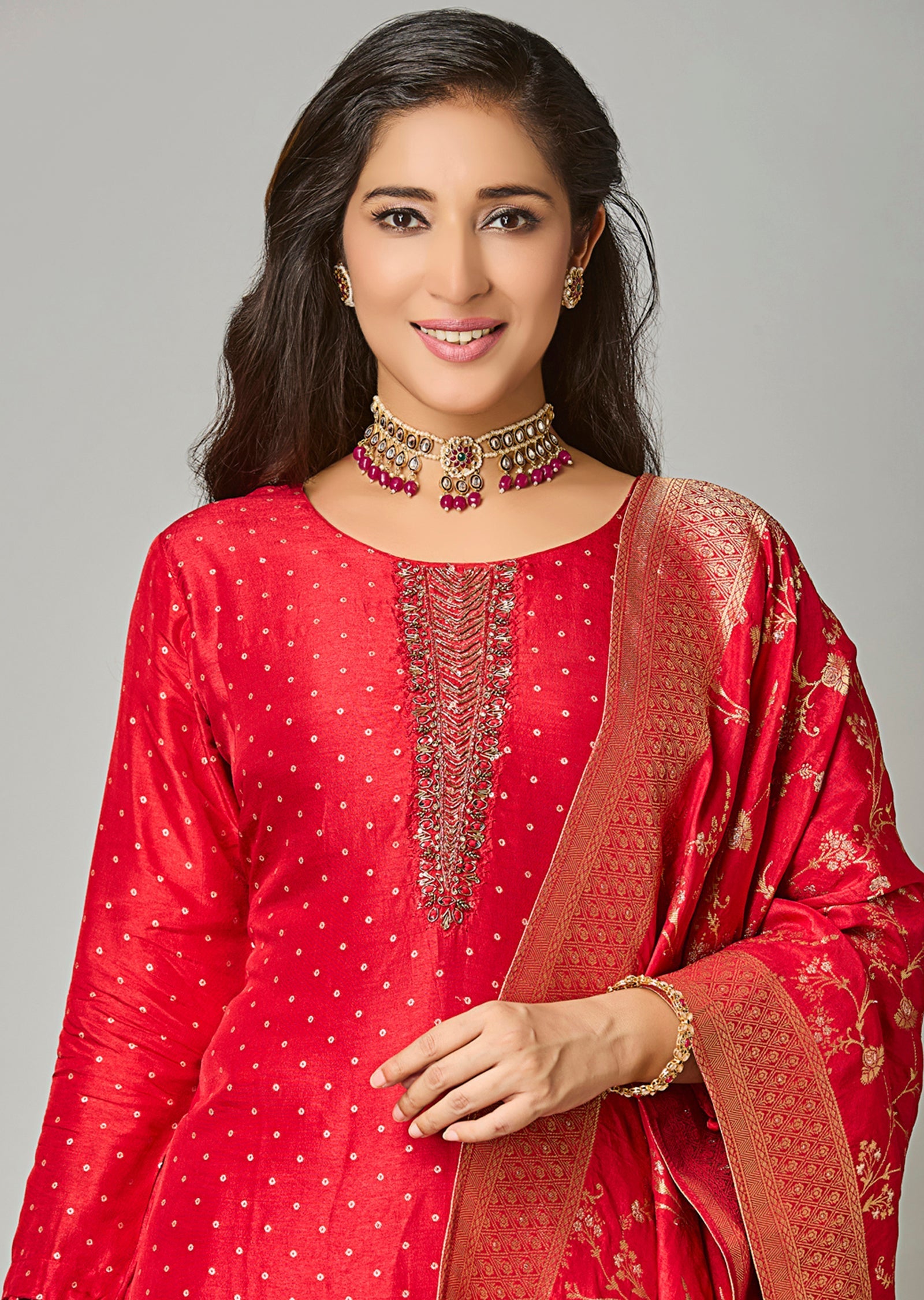 Red Silk Straight Cut Suit