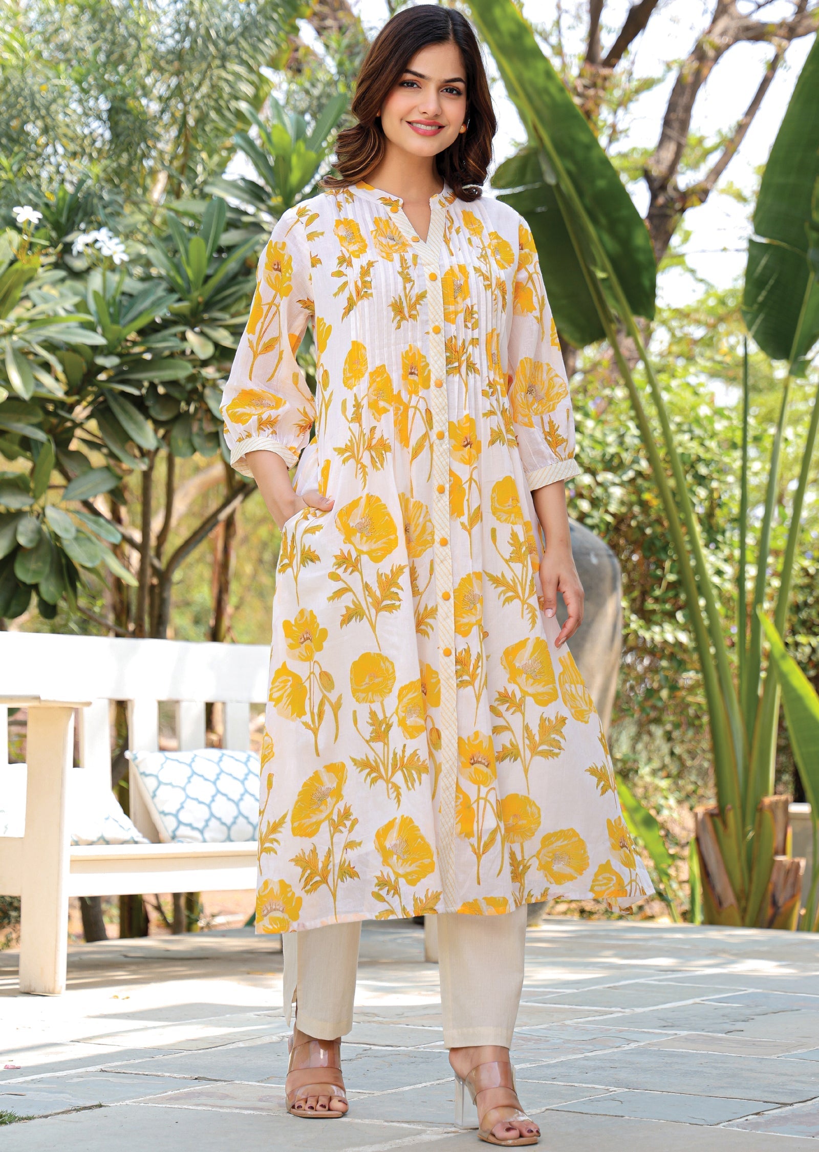 Yellow Cotton Straight Cut Kurti Set