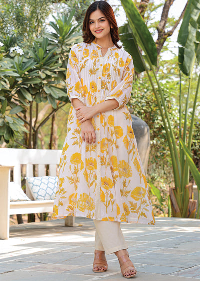 Yellow Cotton Straight Cut Kurti Set