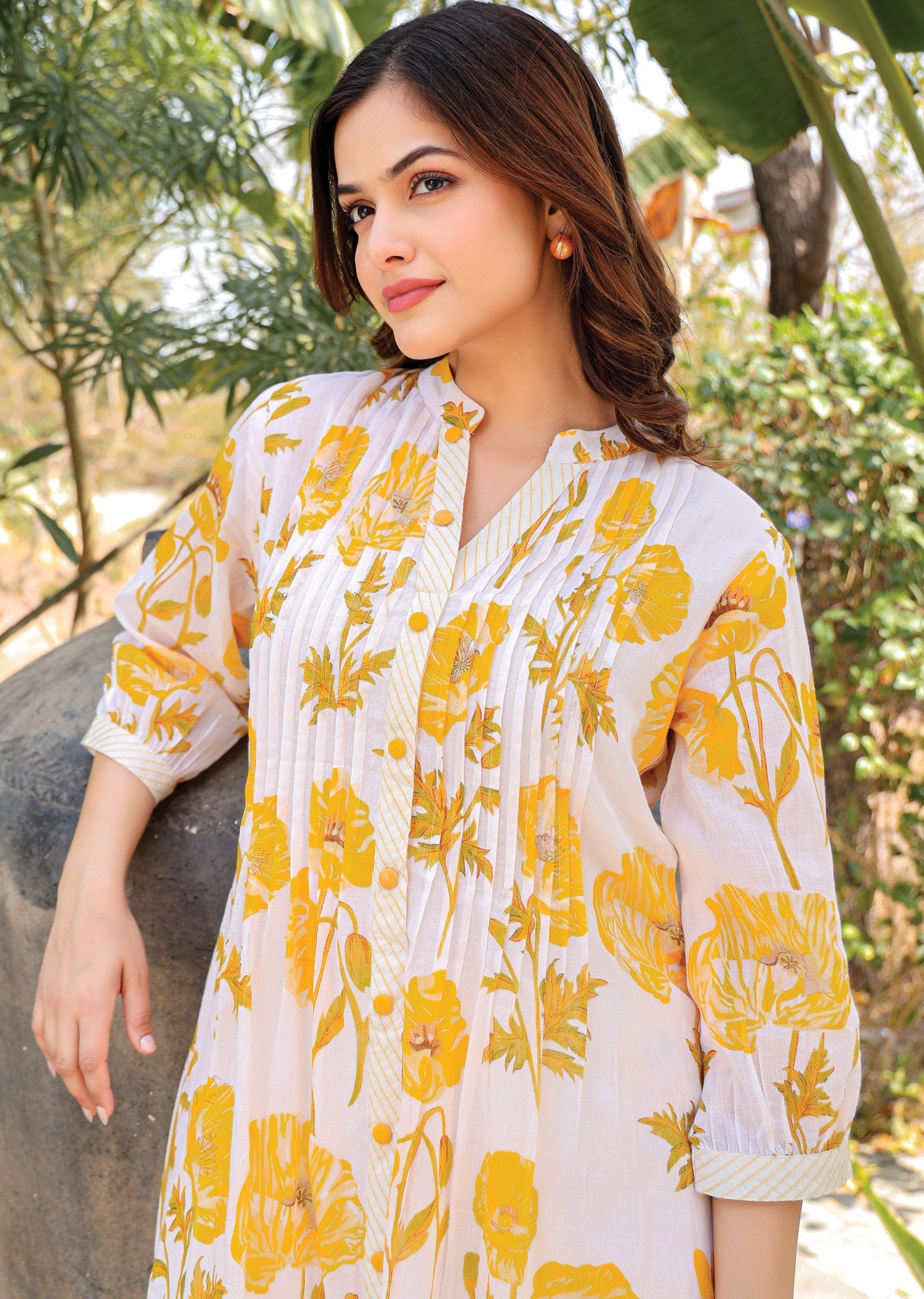 Yellow Cotton Straight Cut Kurti Set