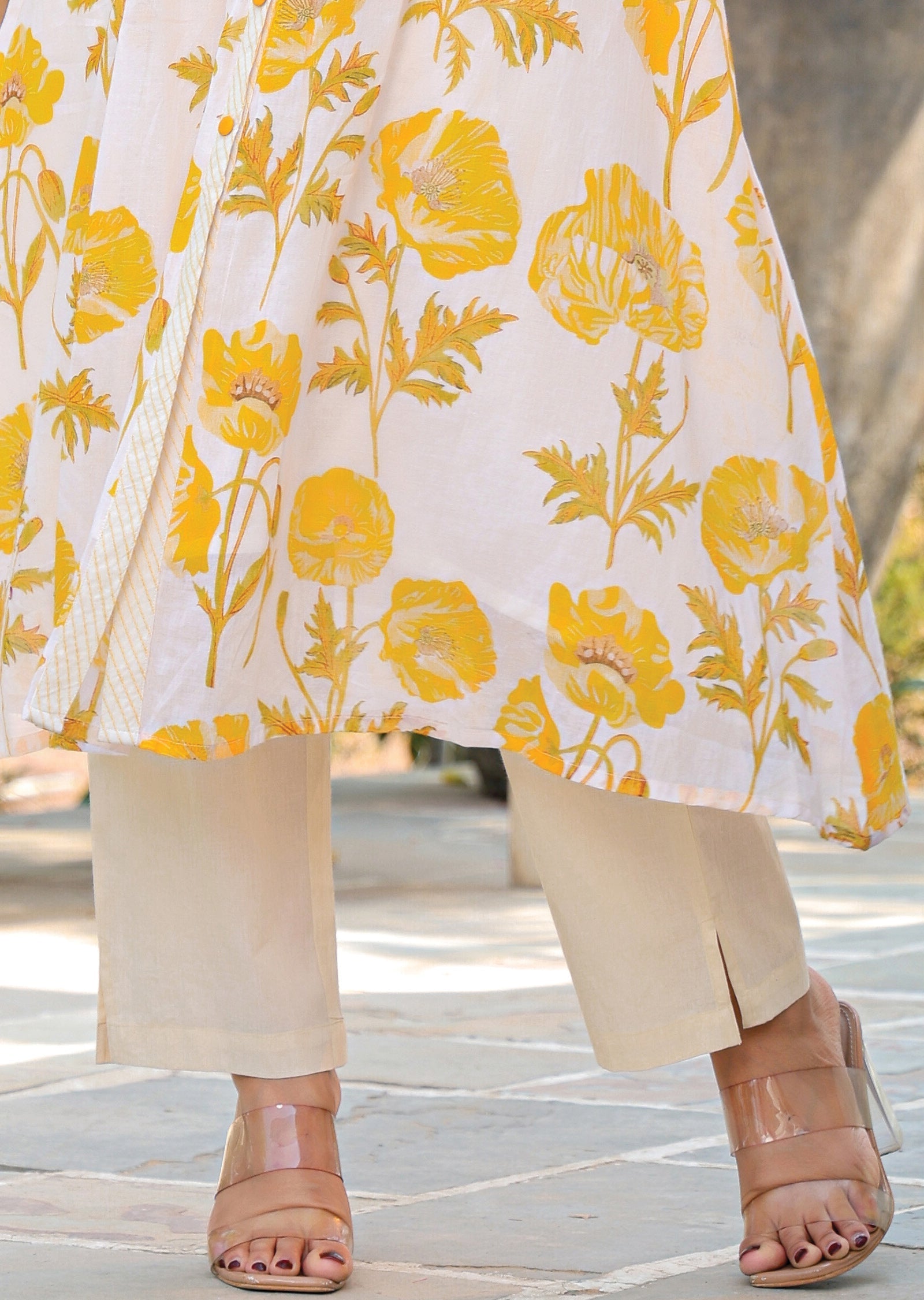 Yellow Cotton Straight Cut Kurti Set