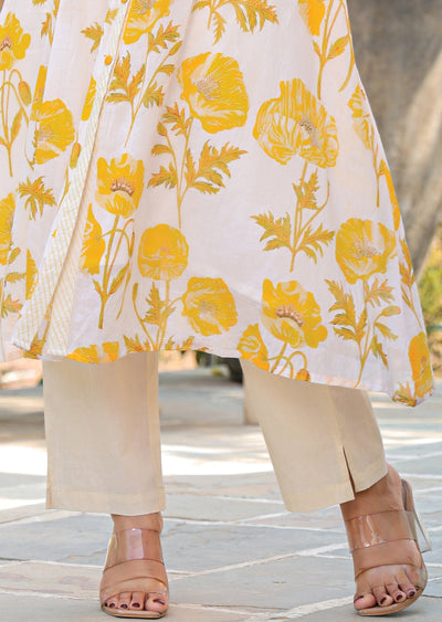 Yellow Cotton Straight Cut Kurti Set