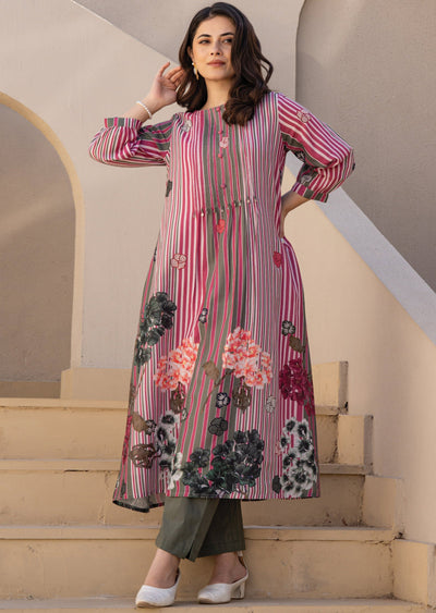 Mehndi Green Cotton Straight Cut Kurti Set