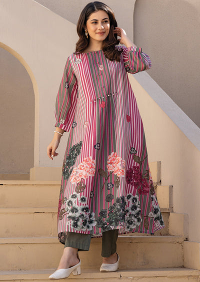 Mehndi Green Cotton Straight Cut Kurti Set