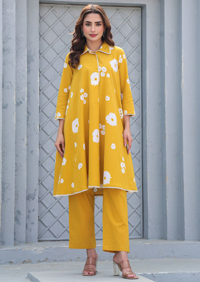 Mustard Cotton Straight Cut Kurti Set