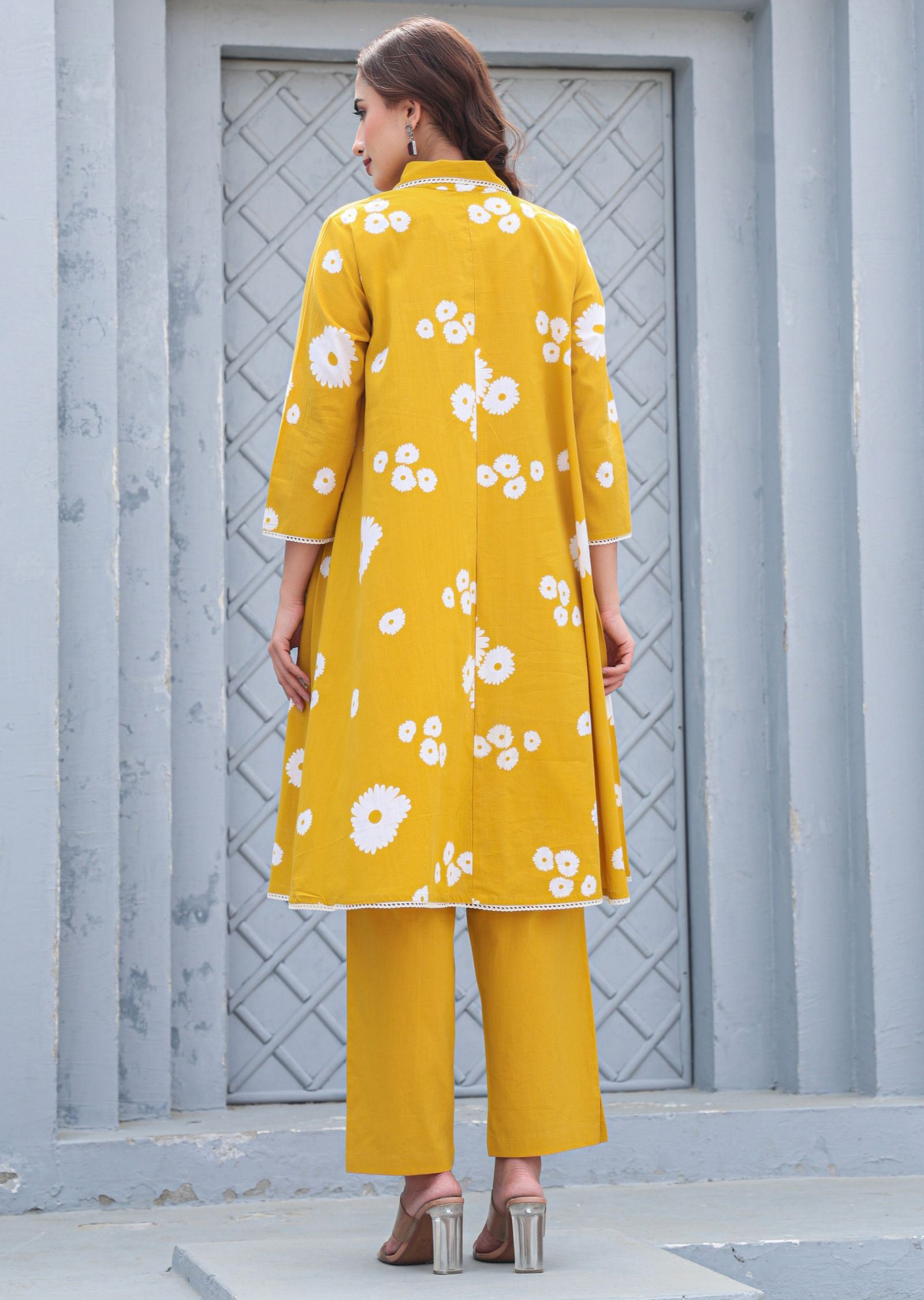 Mustard Cotton Straight Cut Kurti Set