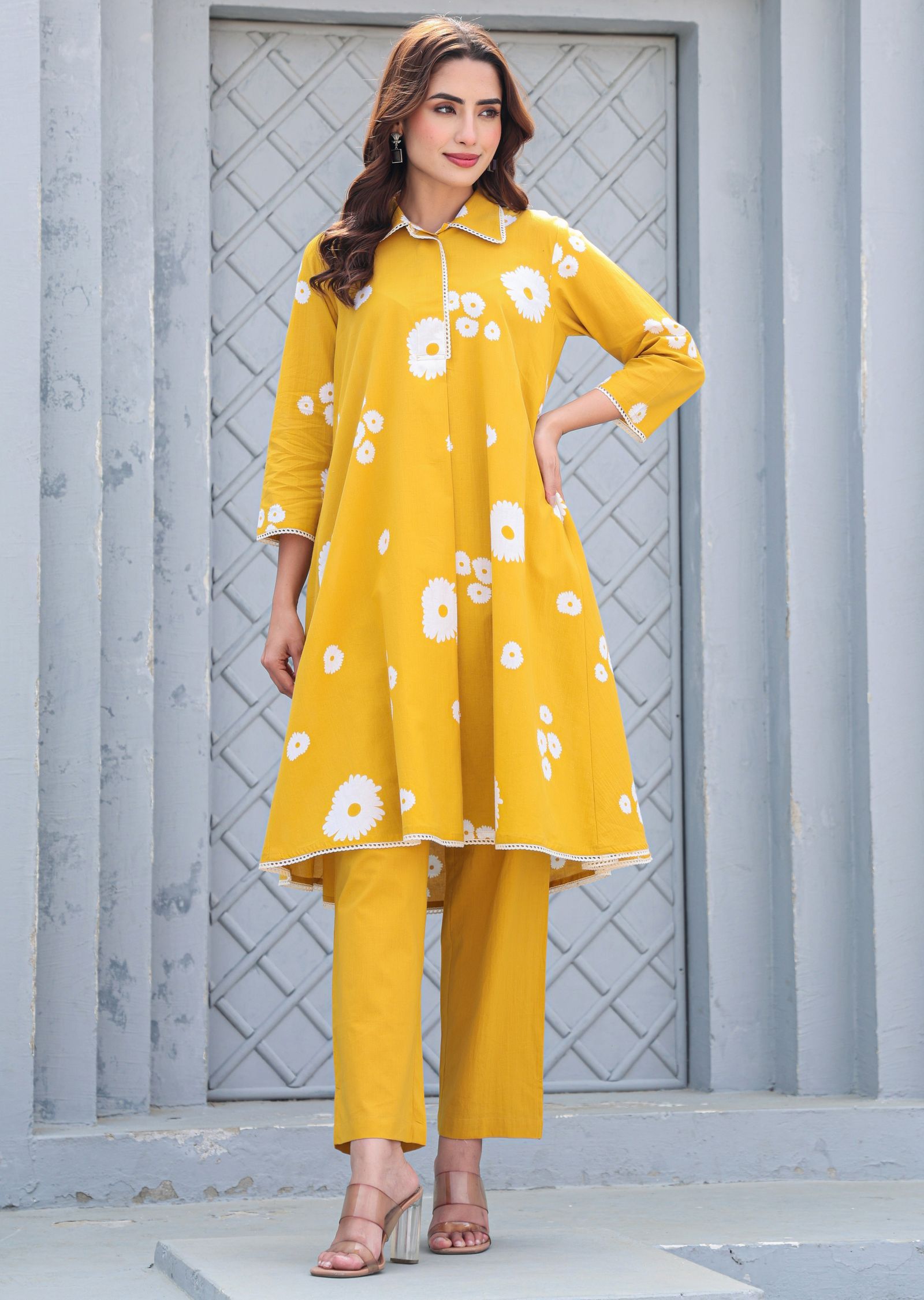 Mustard Cotton Straight Cut Kurti Set