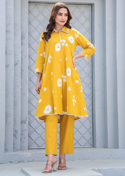 Mustard Cotton Straight Cut Kurti Set