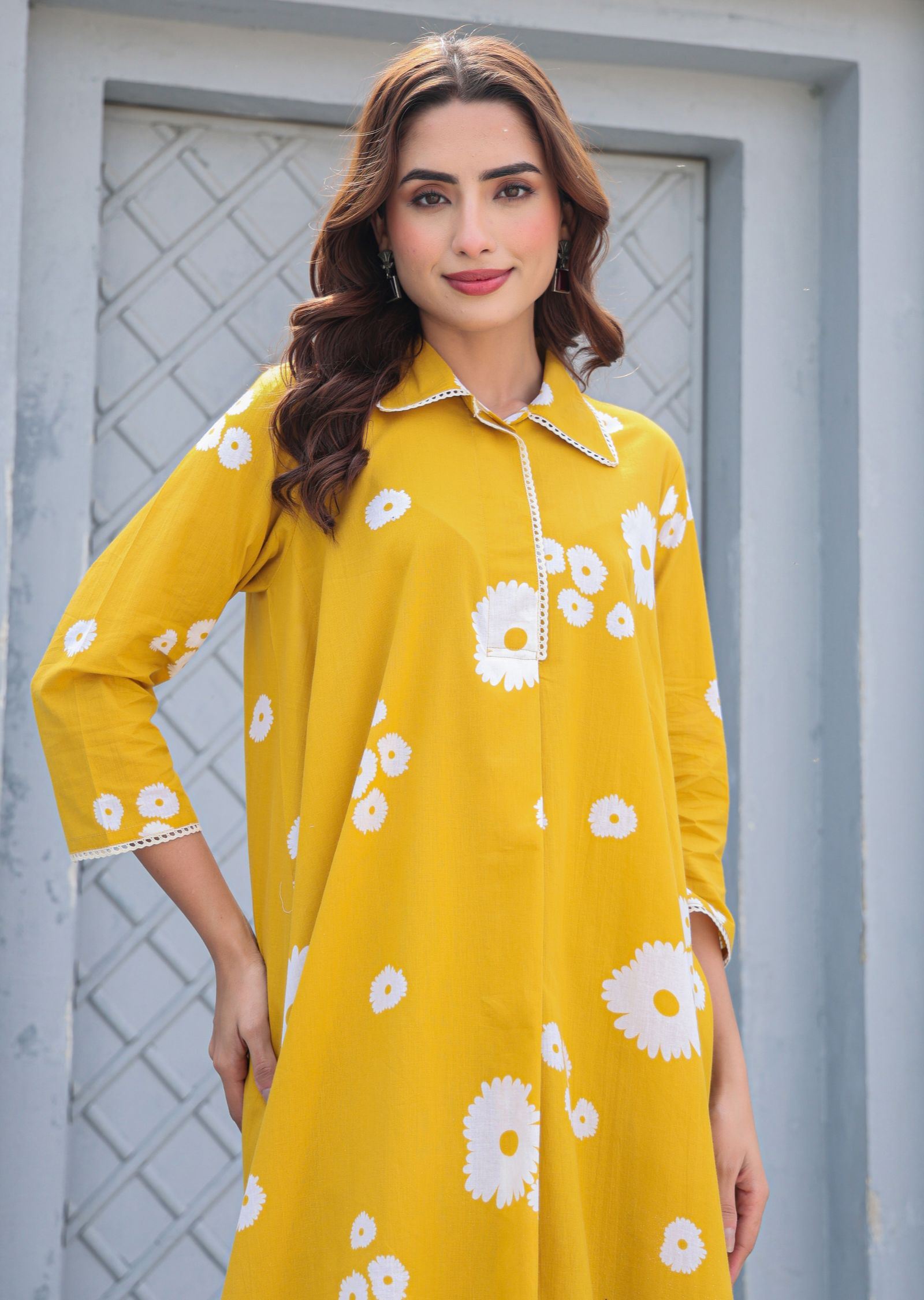 Mustard Cotton Straight Cut Kurti Set