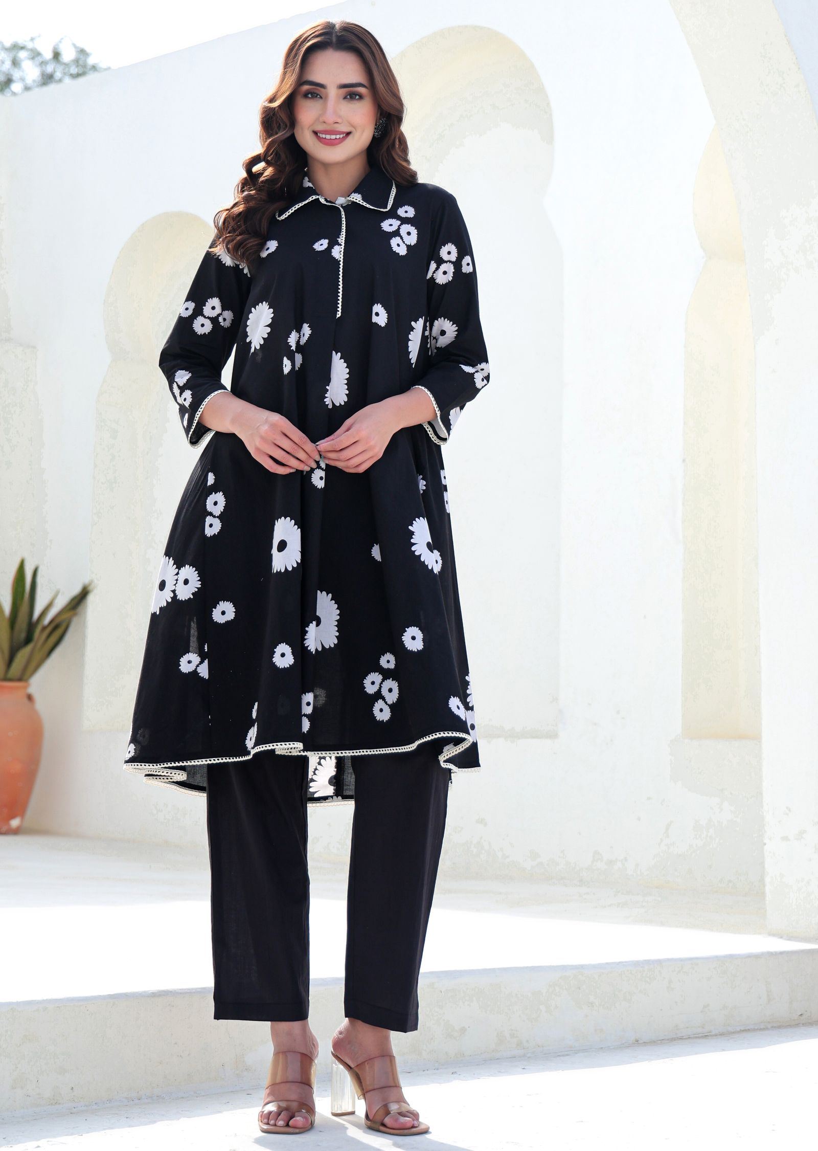Black Cotton Straight Cut Kurti Set