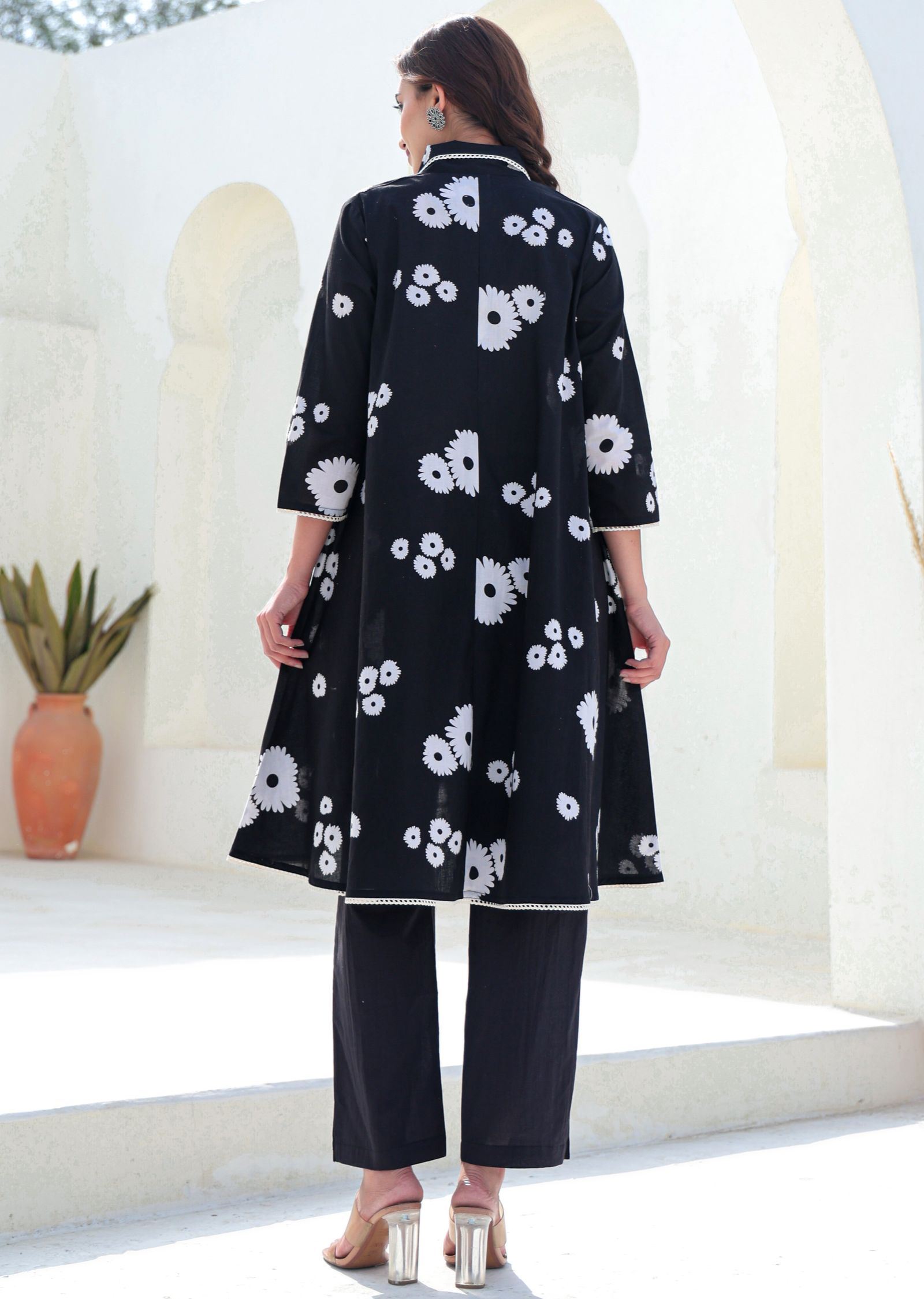 Black Cotton Straight Cut Kurti Set