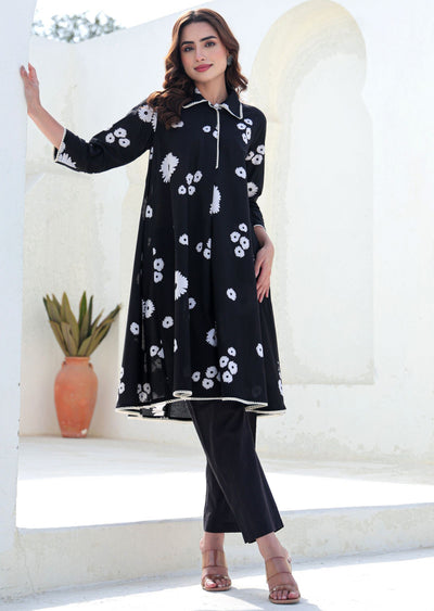 Black Cotton Straight Cut Kurti Set