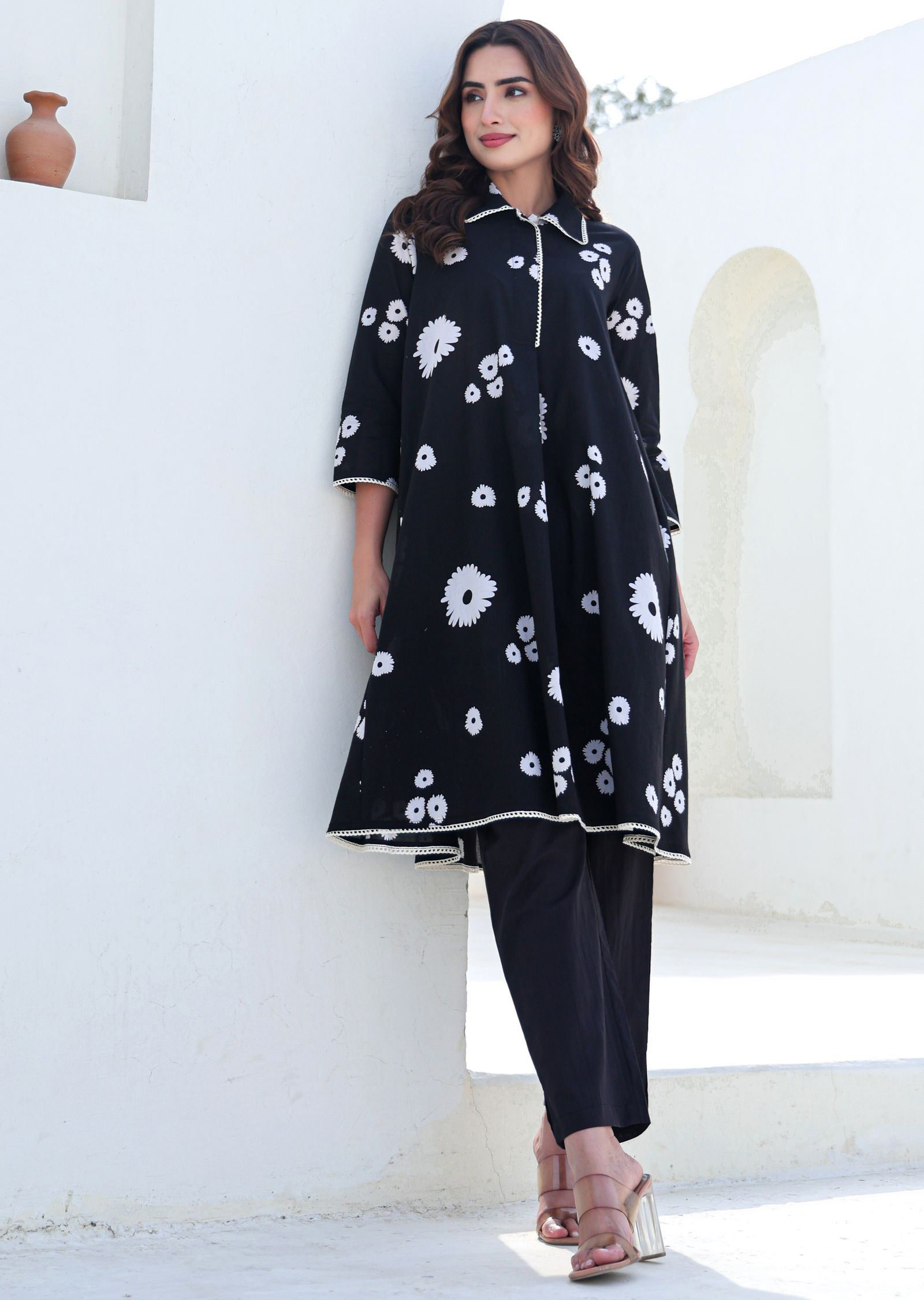 Black Cotton Straight Cut Kurti Set