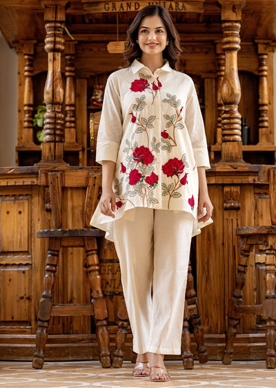 Off White Cotton Straight Cut Kurti Set