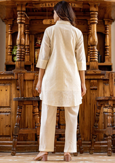 Off White Cotton Straight Cut Kurti Set