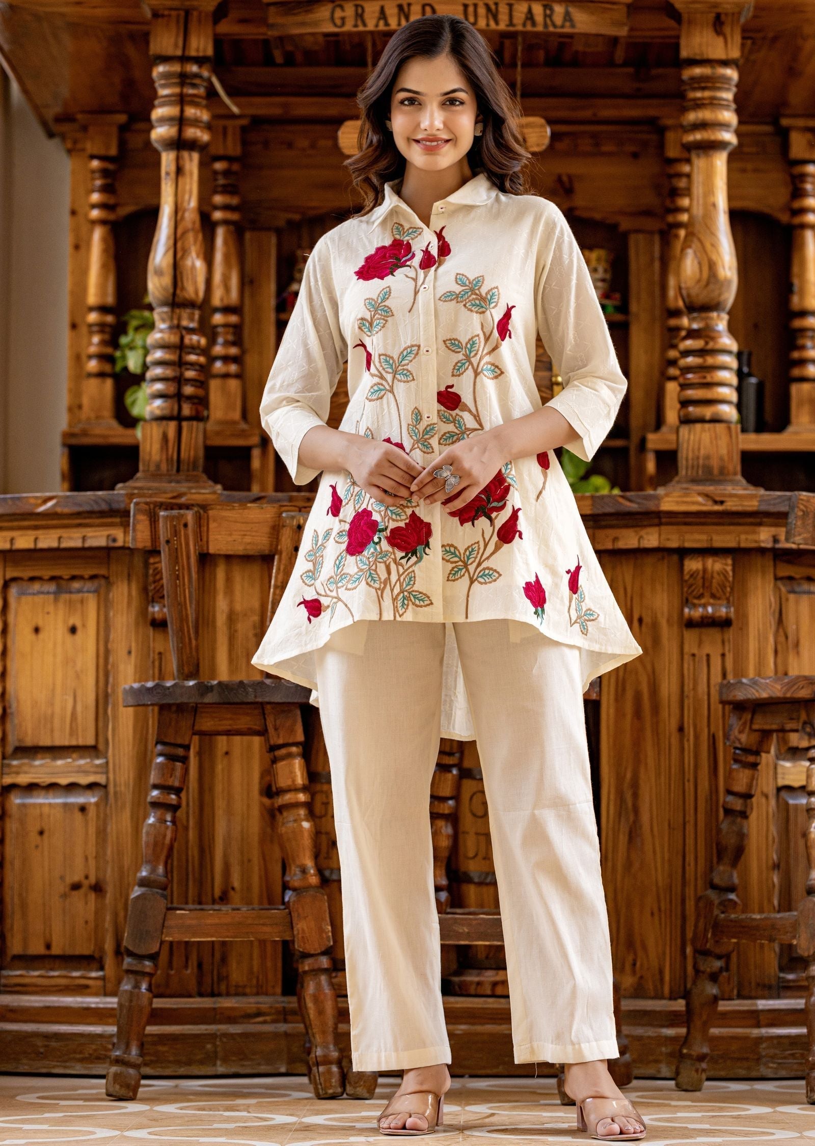 Off White Cotton Straight Cut Kurti Set