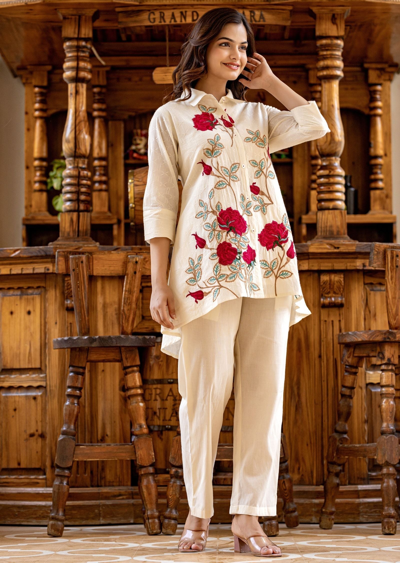Off White Cotton Straight Cut Kurti Set