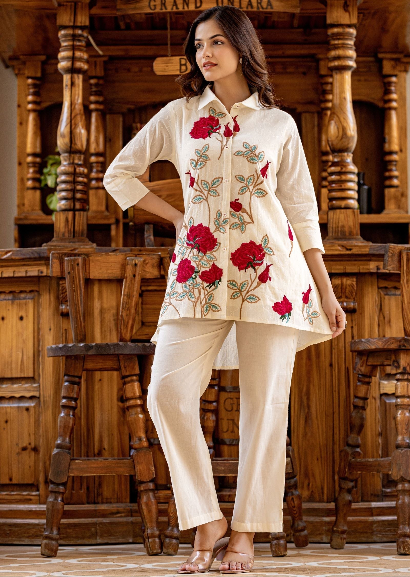 Off White Cotton Straight Cut Kurti Set