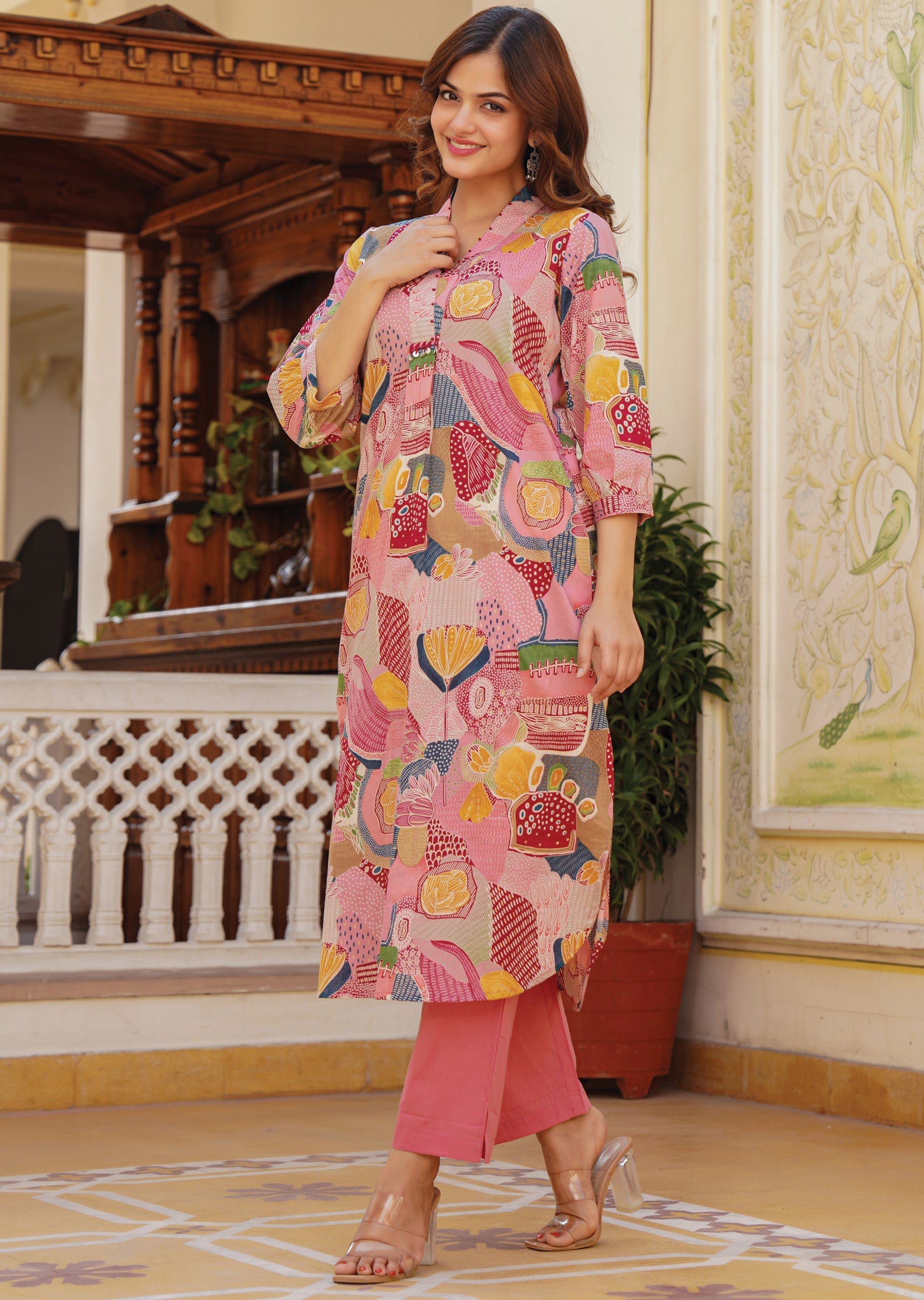 Pink Cotton Straight Cut Kurti Set
