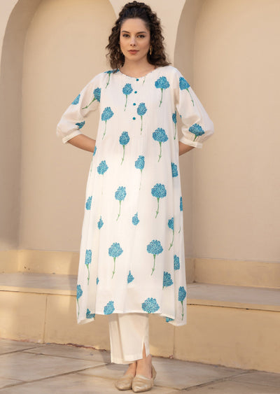 Blue Cotton Straight Cut Kurti Set