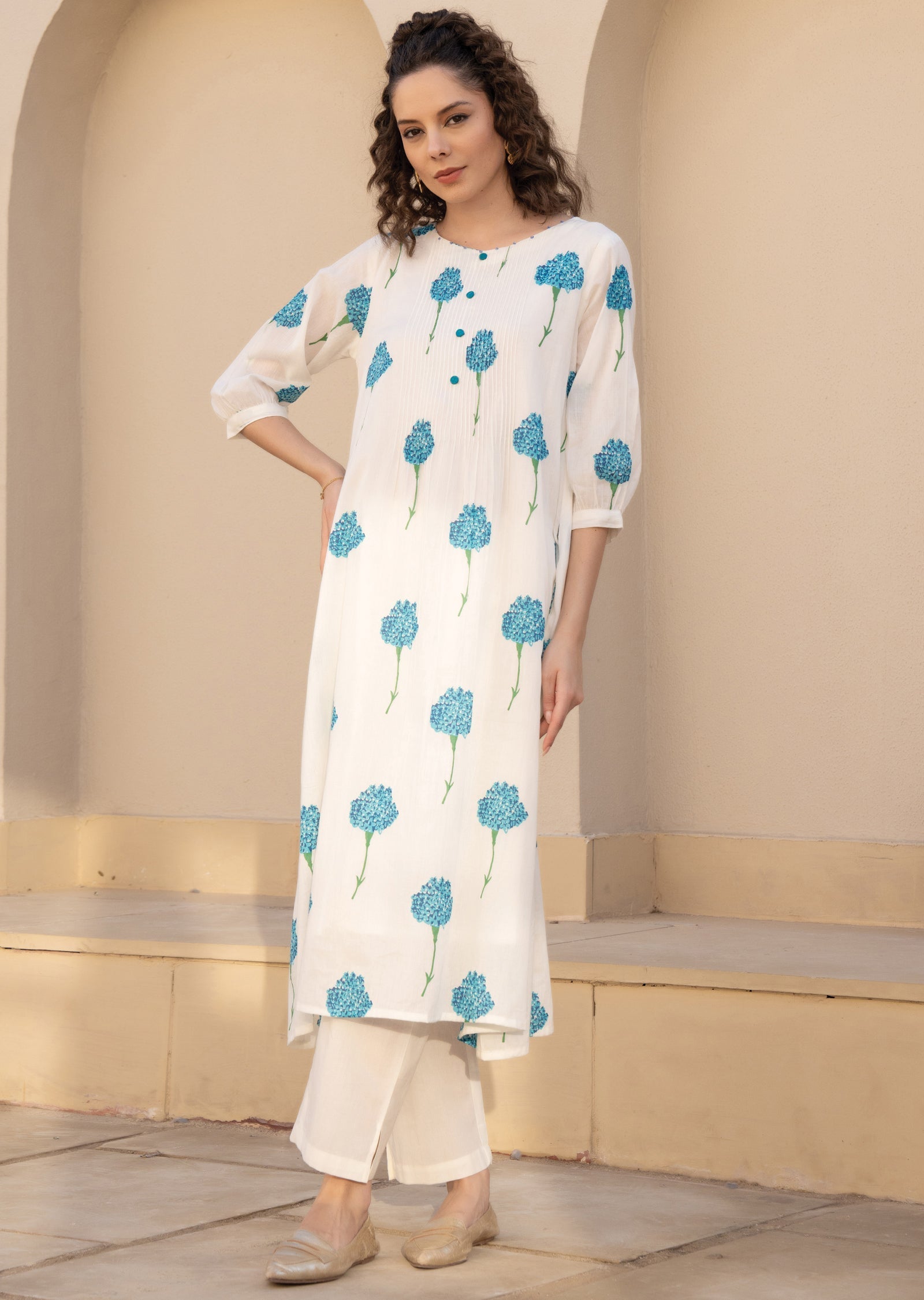 Blue Cotton Straight Cut Kurti Set