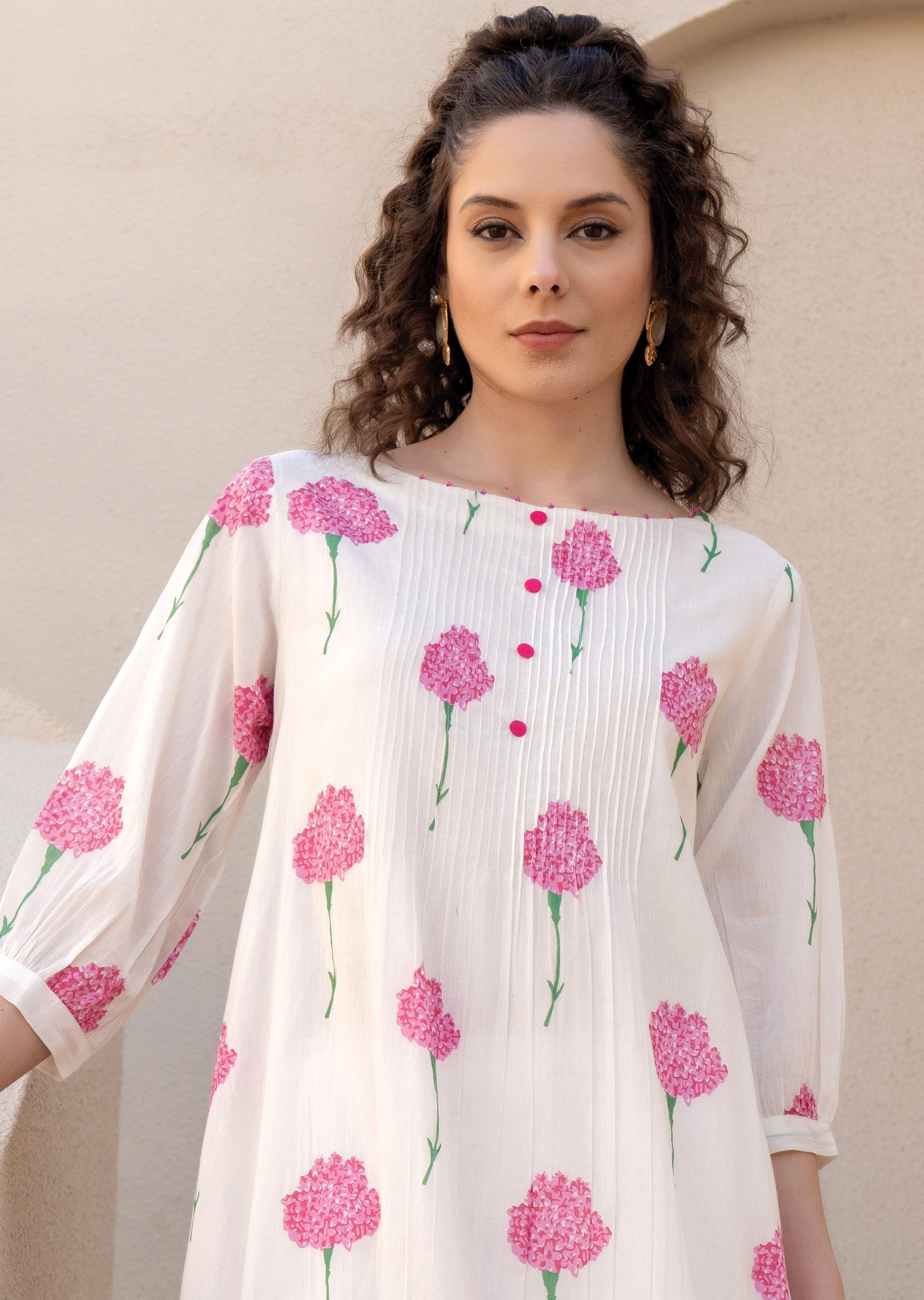 Pink Cotton Straight Cut Kurti Set