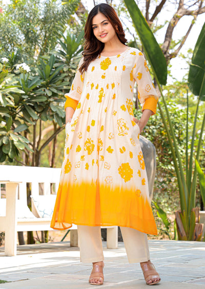 Yellow Cotton Straight Cut Kurti Set