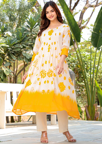 Yellow Cotton Straight Cut Kurti Set