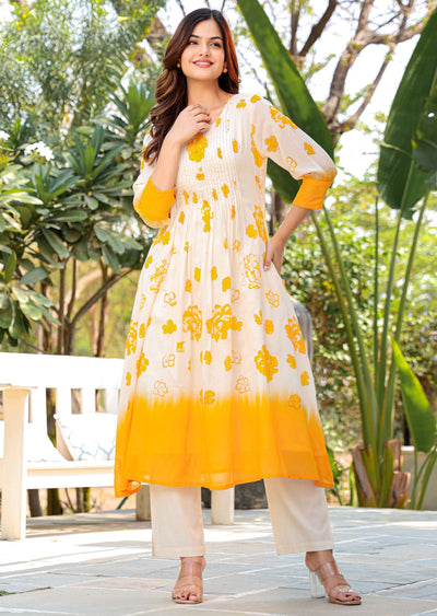 Yellow Cotton Straight Cut Kurti Set