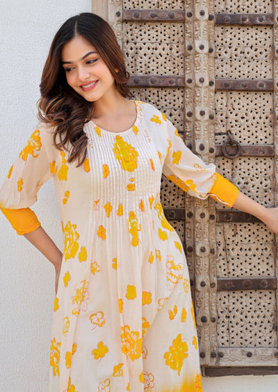 Yellow Cotton Straight Cut Kurti Set