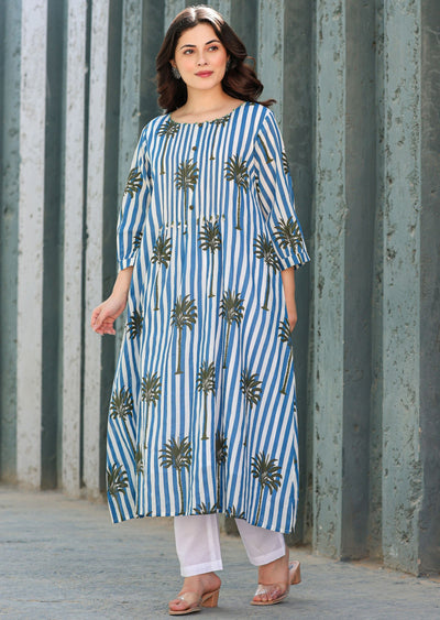 Navy Blue Cotton Straight Cut Kurti Set