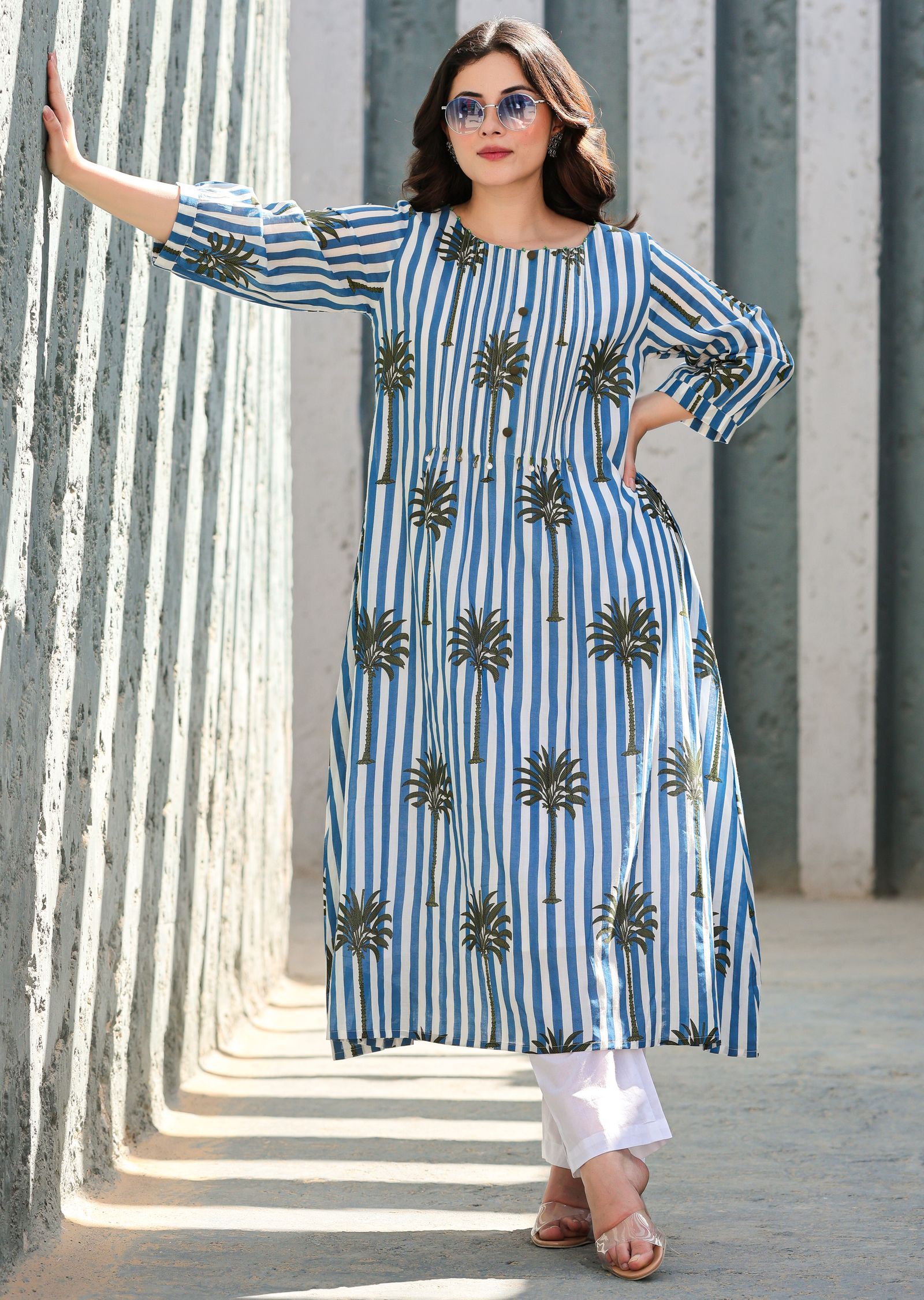 Navy Blue Cotton Straight Cut Kurti Set