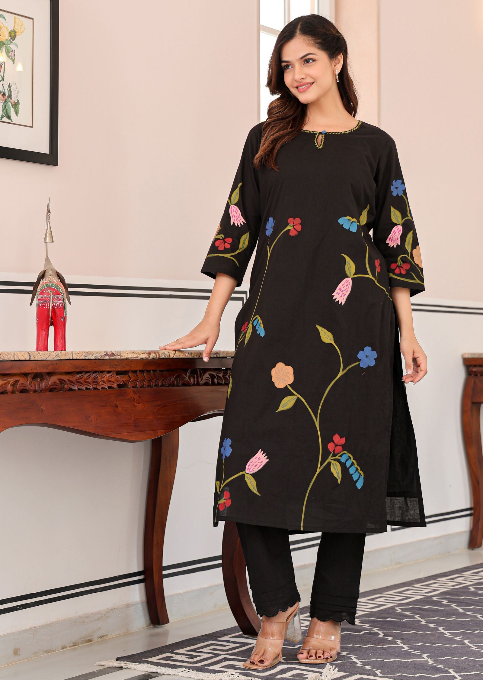 Black Cotton Straight Cut Kurti Set