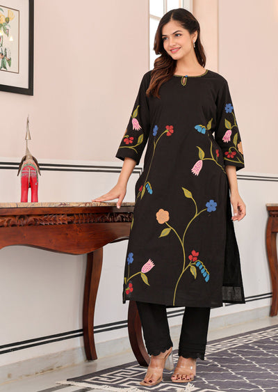 Black Cotton Straight Cut Kurti Set