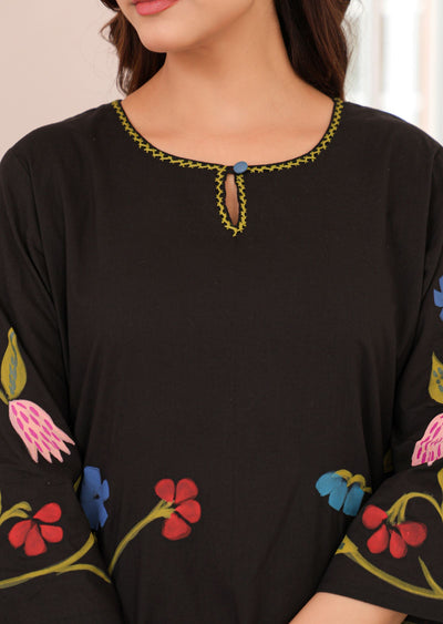 Black Cotton Straight Cut Kurti Set