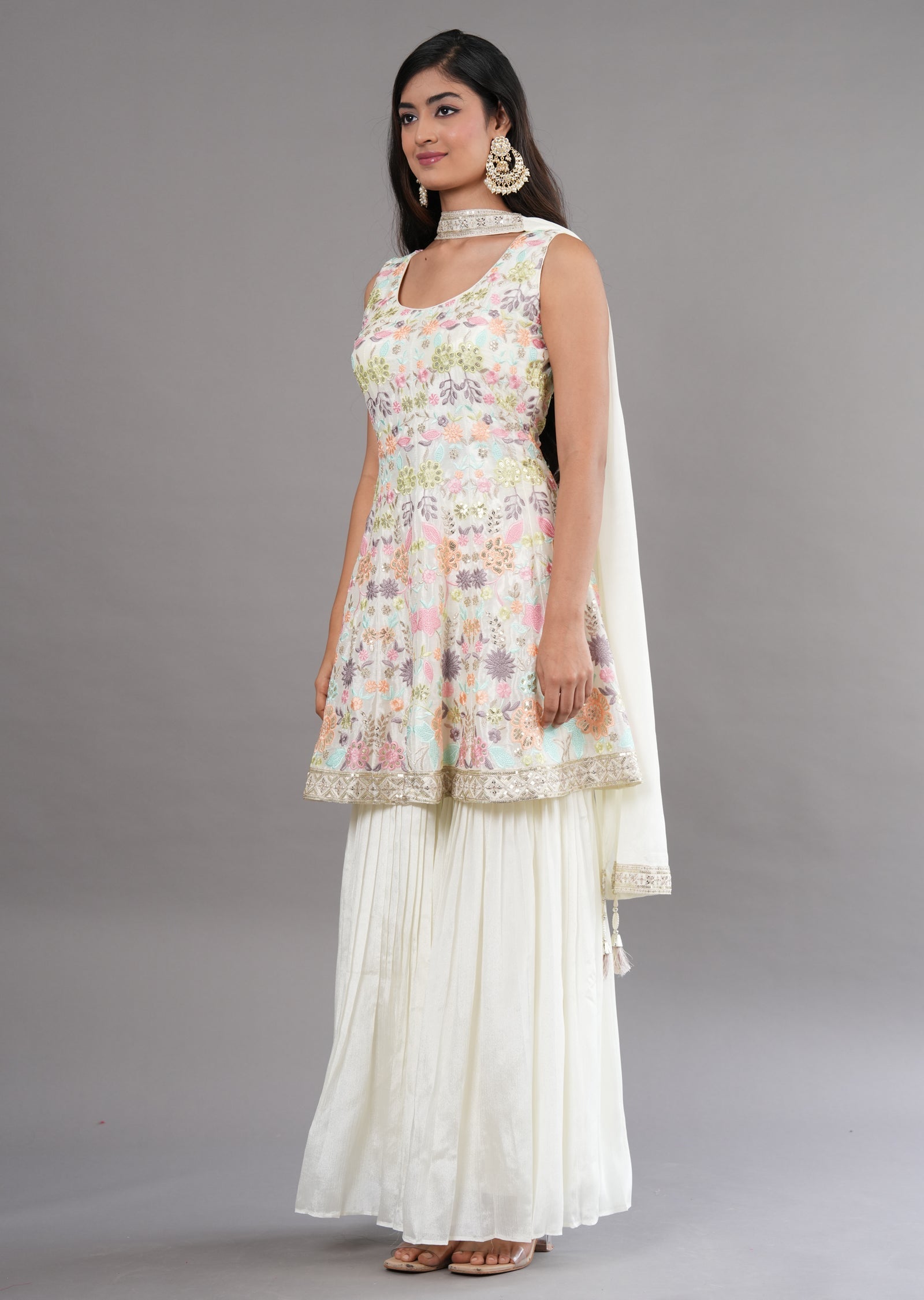 Cream Chinnon Shararas Ghararas Set