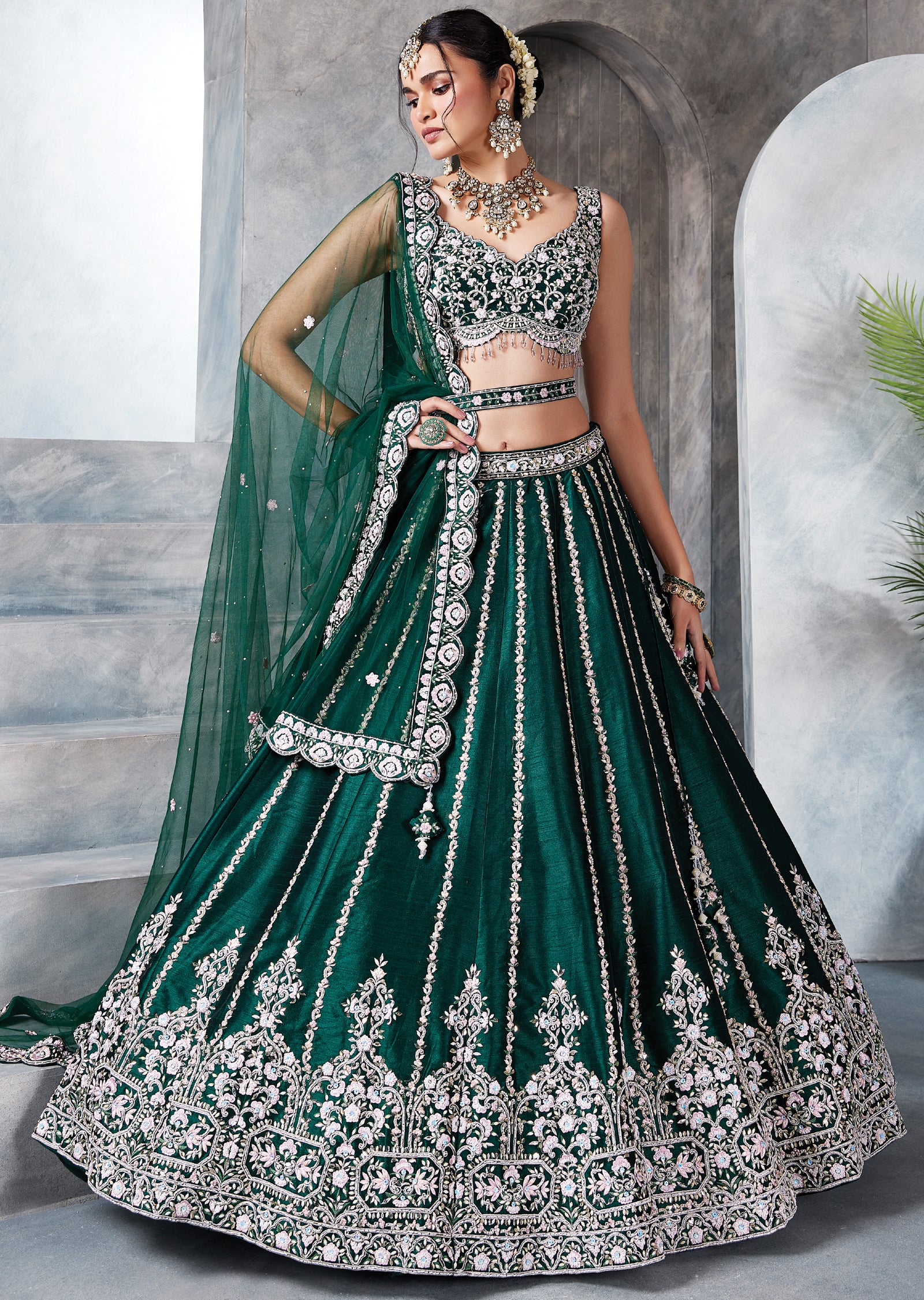Bottle Green Raw Silk Lehenga Set