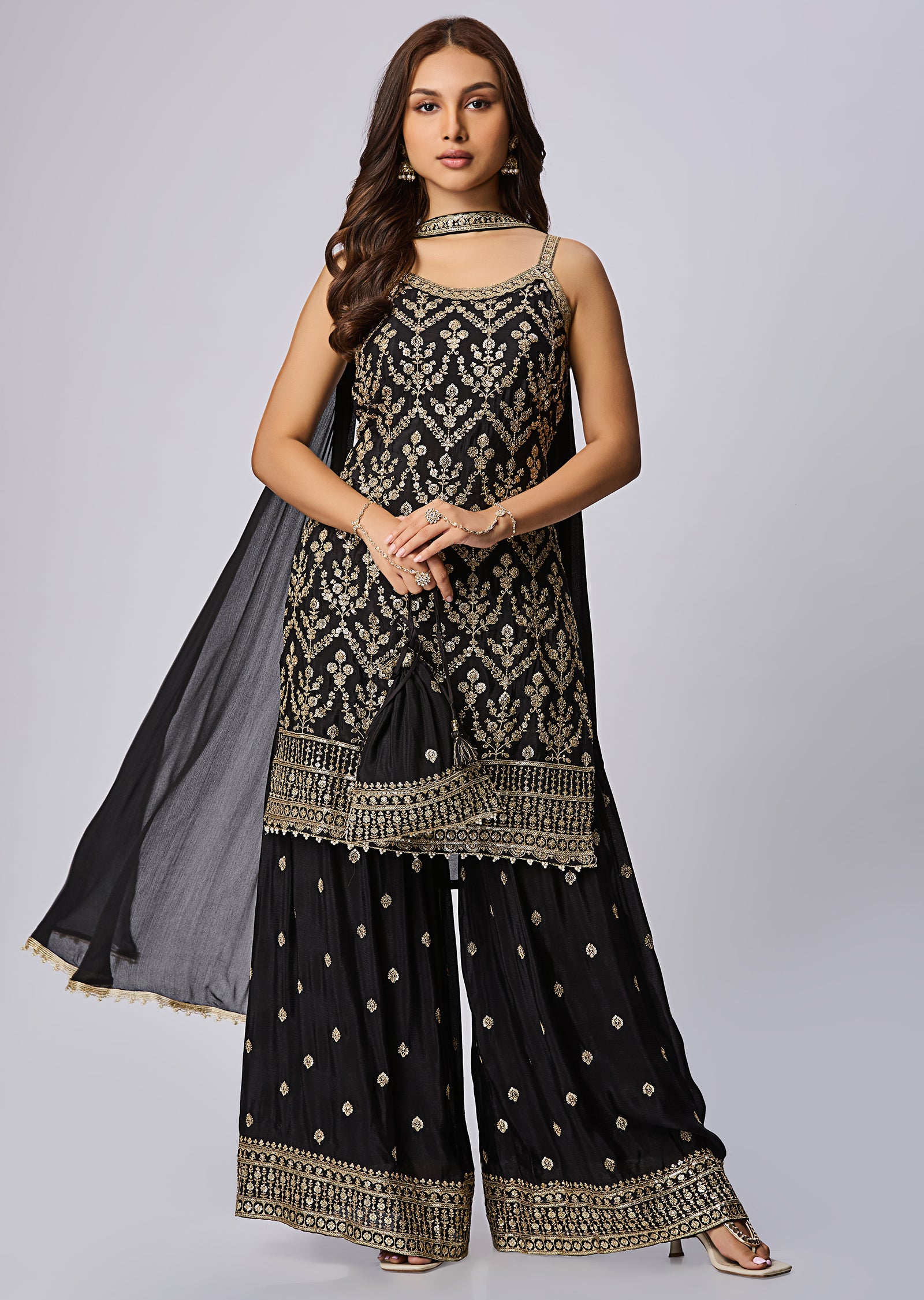 Black Silk Shararas Ghararas Set