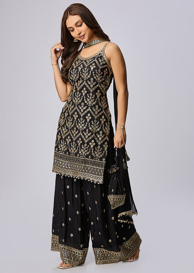 Black Silk Shararas Ghararas Set