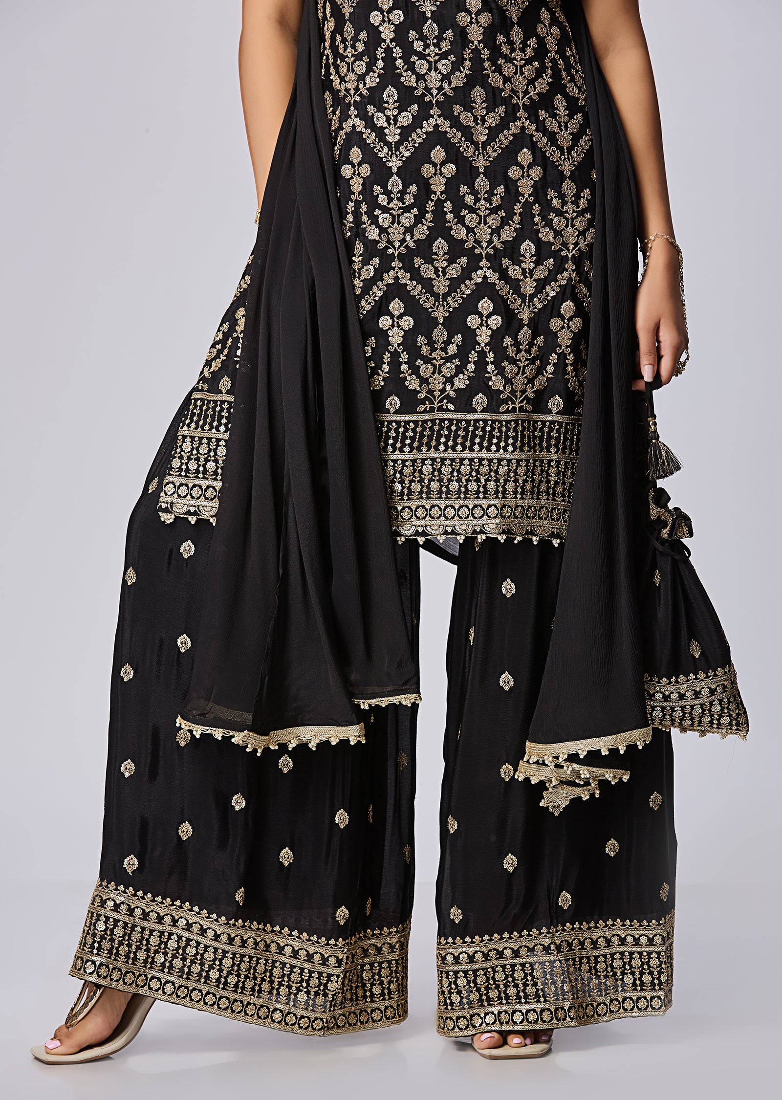 Black Silk Shararas Ghararas Set