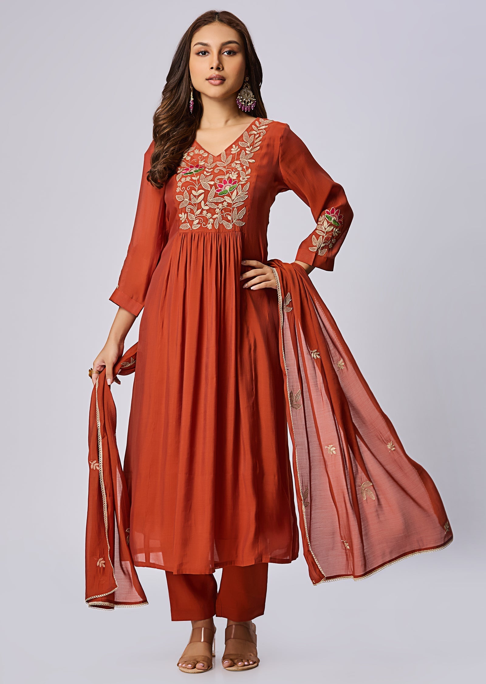 Rust Mul Chanderi Anarkali Suit