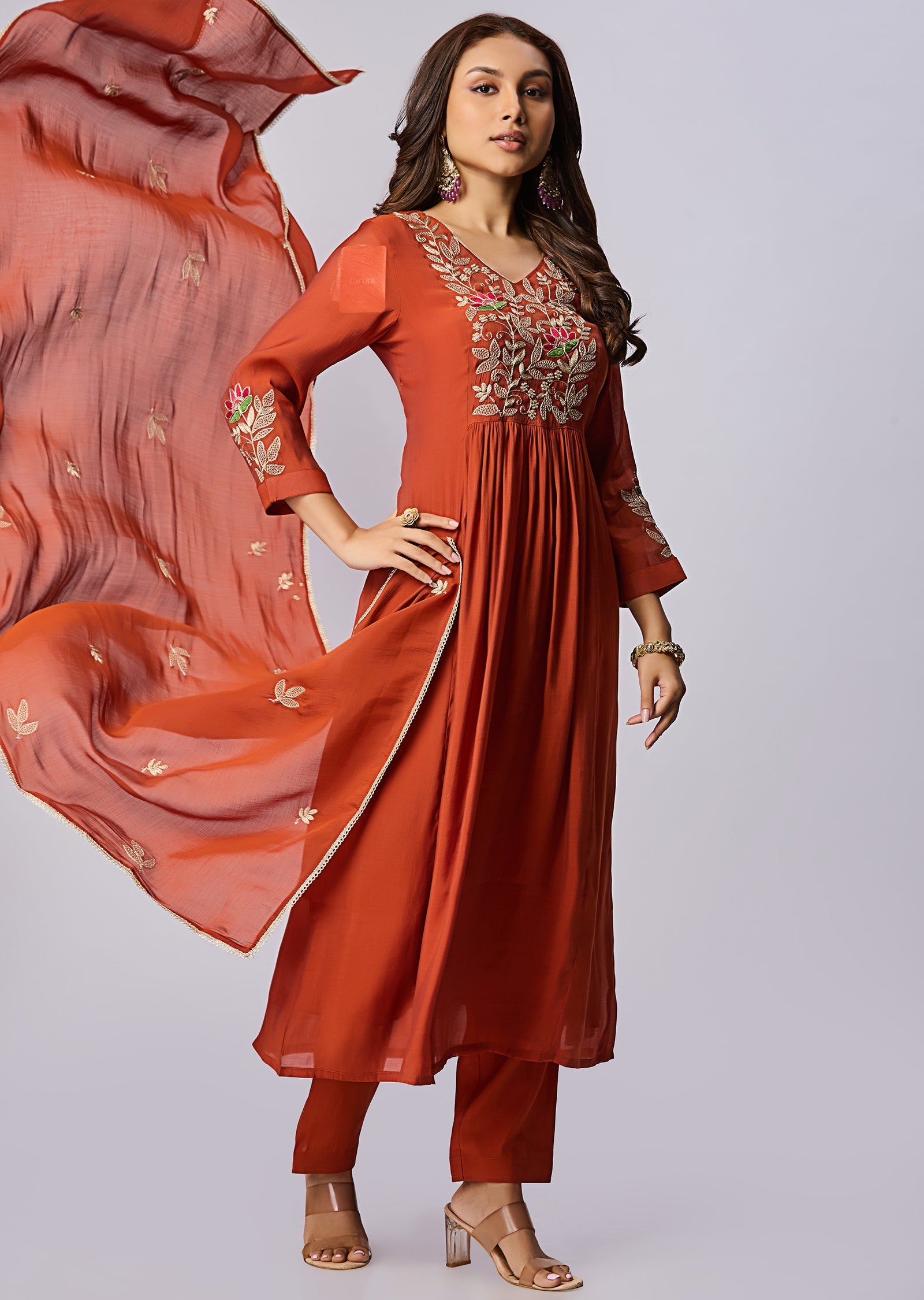 Rust Mul Chanderi Anarkali Suit