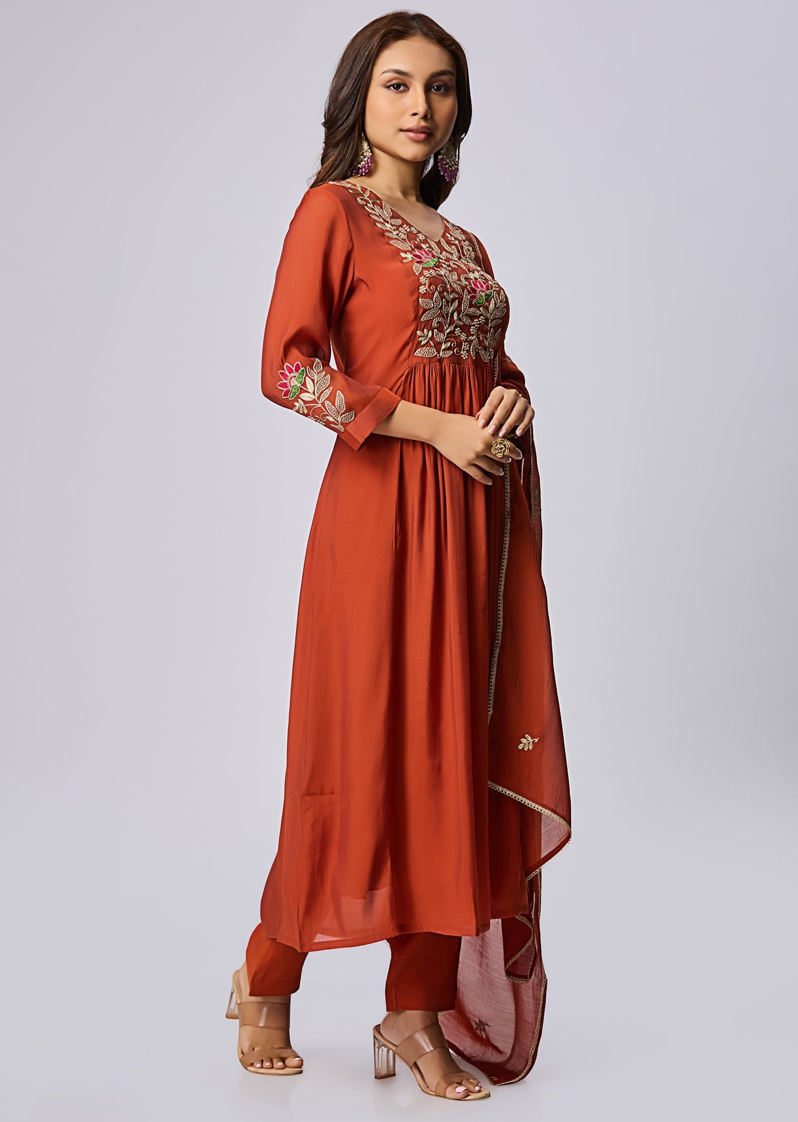 Rust Mul Chanderi Anarkali Suit