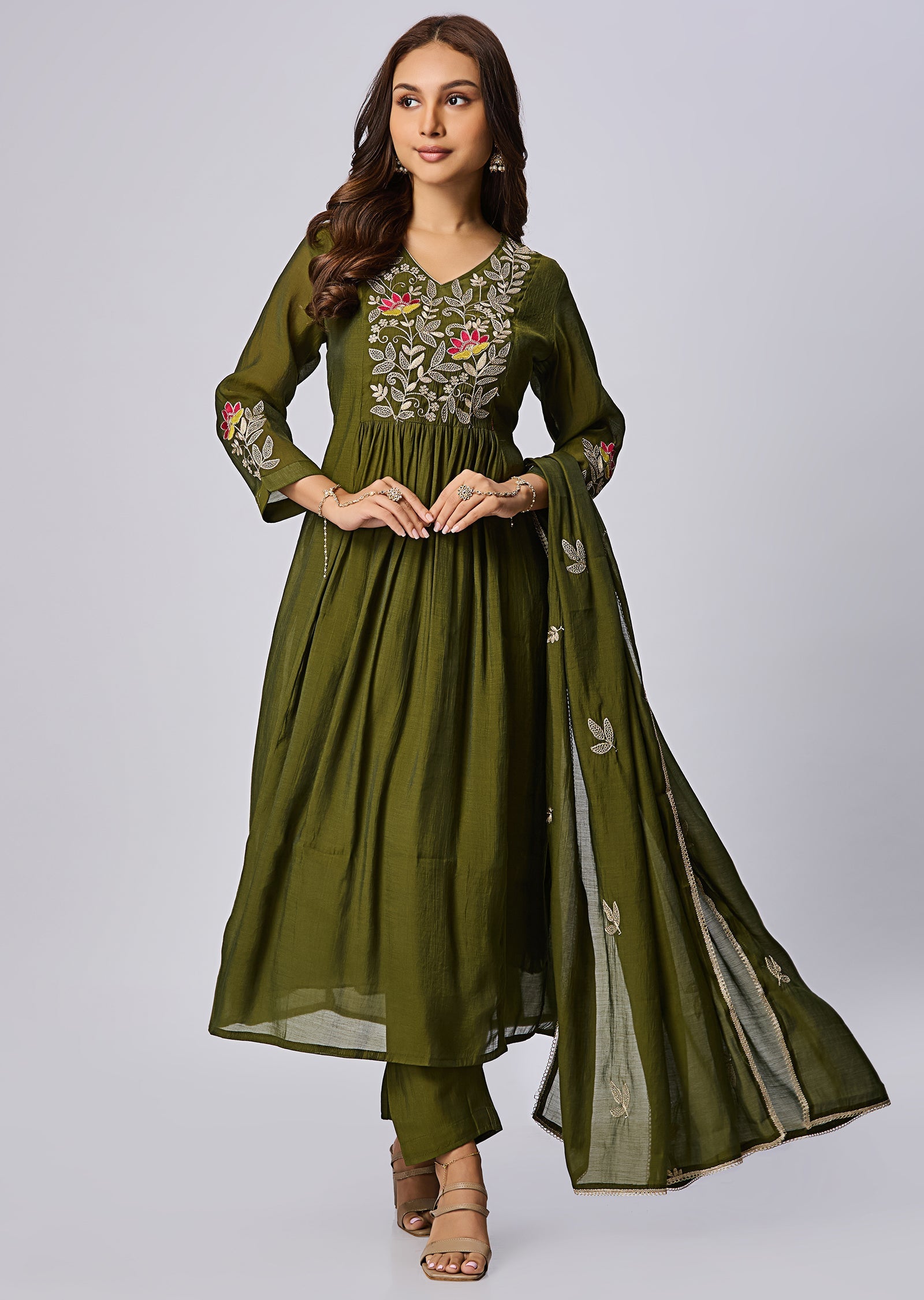 Mehendi Green Mul Chanderi Anarkali Suit