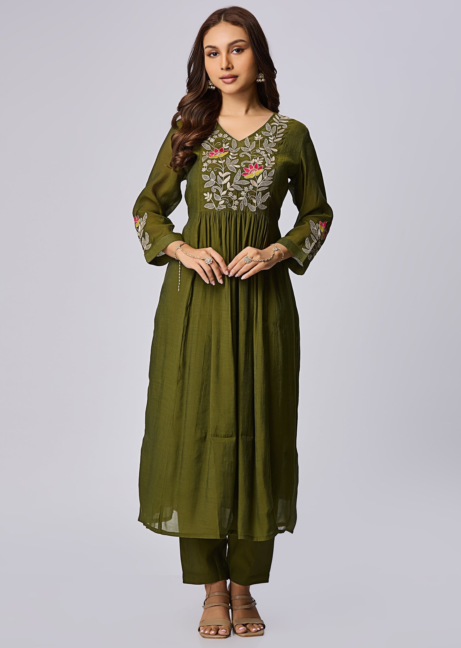 Mehendi Green Mul Chanderi Anarkali Suit