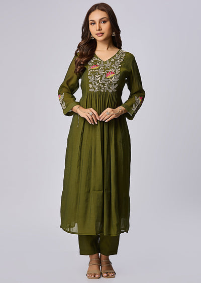 Mehendi Green Mul Chanderi Anarkali Suit